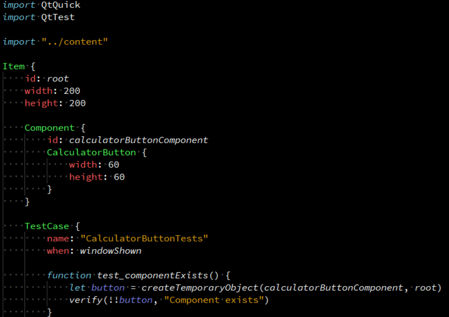 Generated tst_CalculatorButton.qml file showing the CalculatorButton Component wrapped in a root Item and the start of a TestCase with a test_componentExists() function