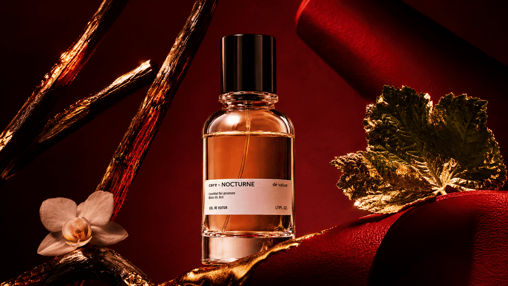 Gold perfume bottle beside pink rose