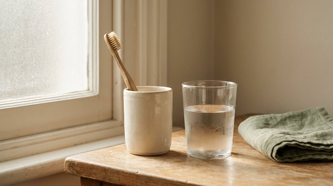A toothbrush in a ceramic cup and a glass of water on a bathroom counter