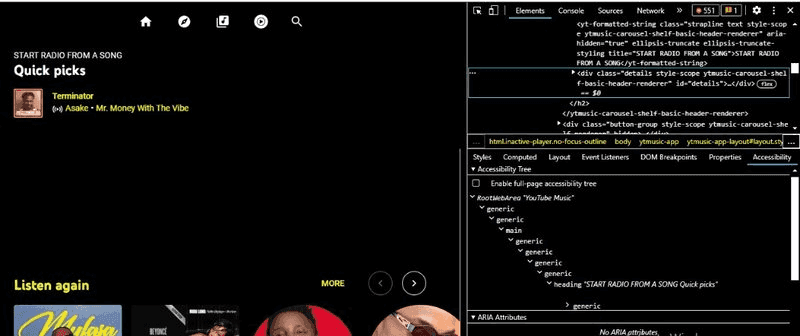A screenshot showing an accessibility tree for a youtube music account