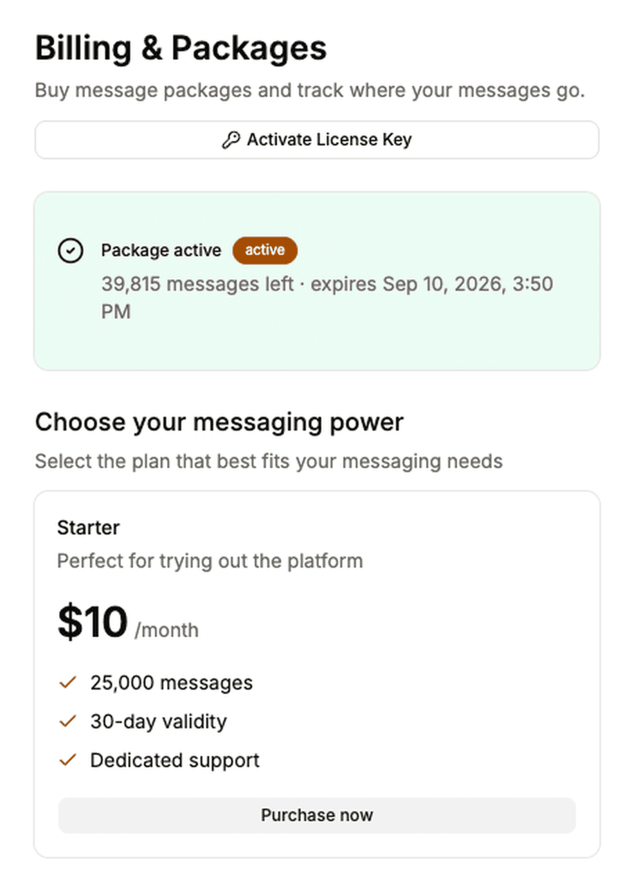 Billing and Packages screen showing an active package with remaining messages and expiry, above the package tiers.