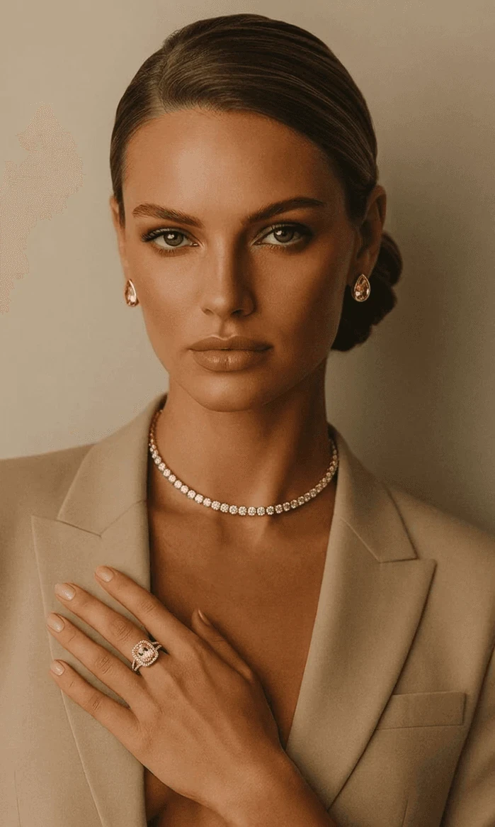 A person wearing elegant jewelry, including a black silver necklace with a teardrop pendant, matching earrings, and a ring, in a minimalist, classy style, perfect for a jewelry website template.