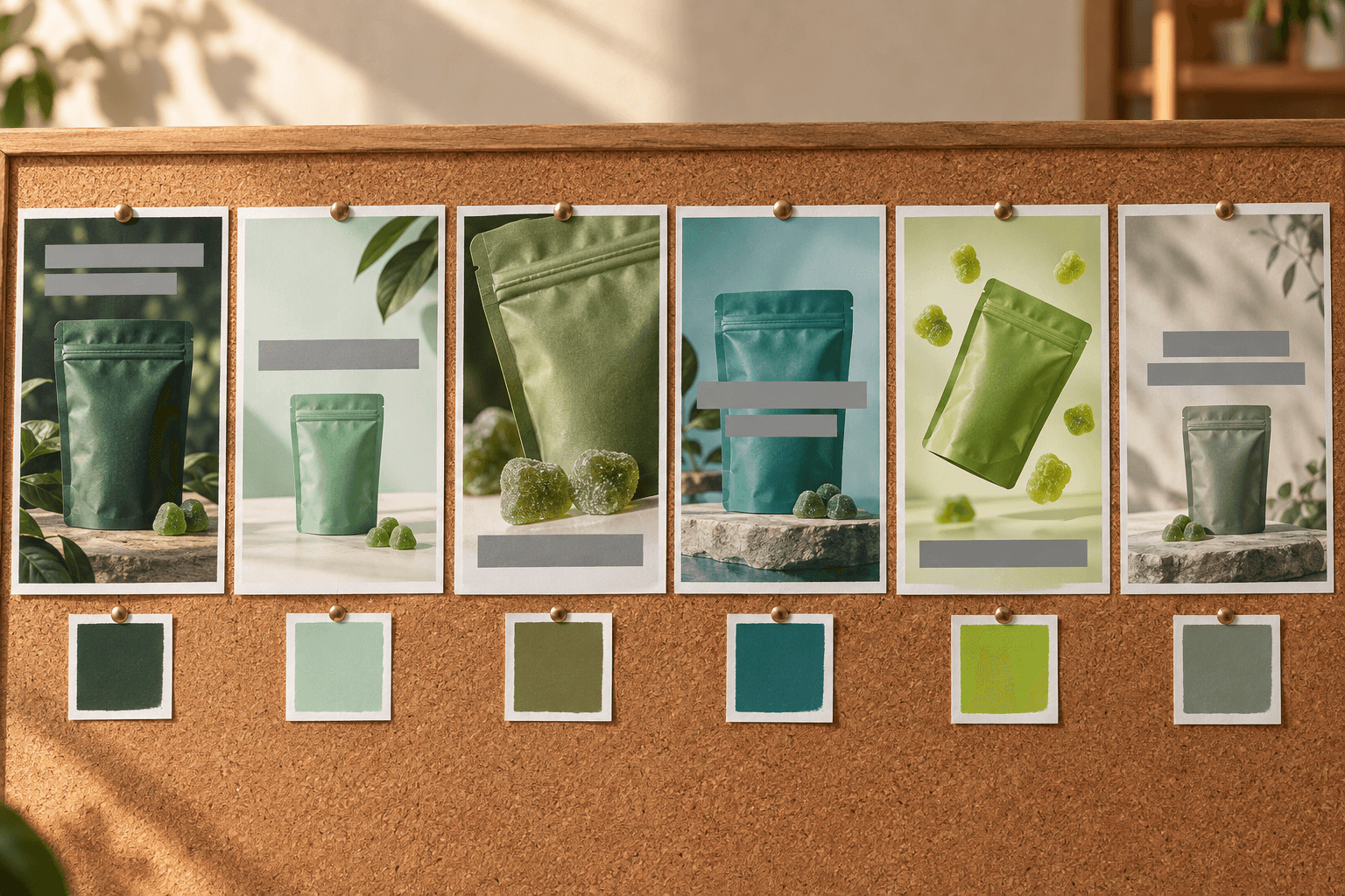 Six printed ad proofs for the same product pinned in a row, their brand colors and layouts drifting, showing why teams look for adobe firefly alternatives with brand memory