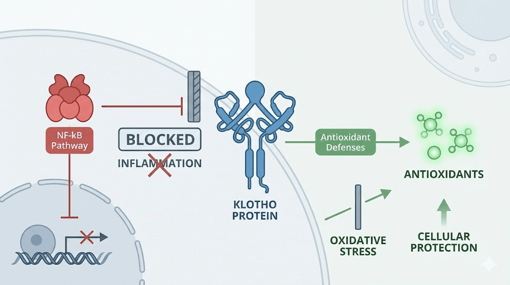 Klotho protein anti-inflammatory and antioxidant dual mechanisms of action