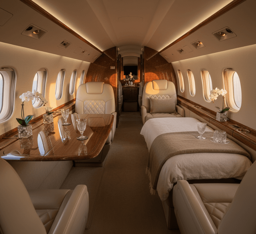 걸프스트림 G650 전용기 대여 시 이용하는 럭셔리 객실 내부 — 풀플랫 침대와 회의 테이블
