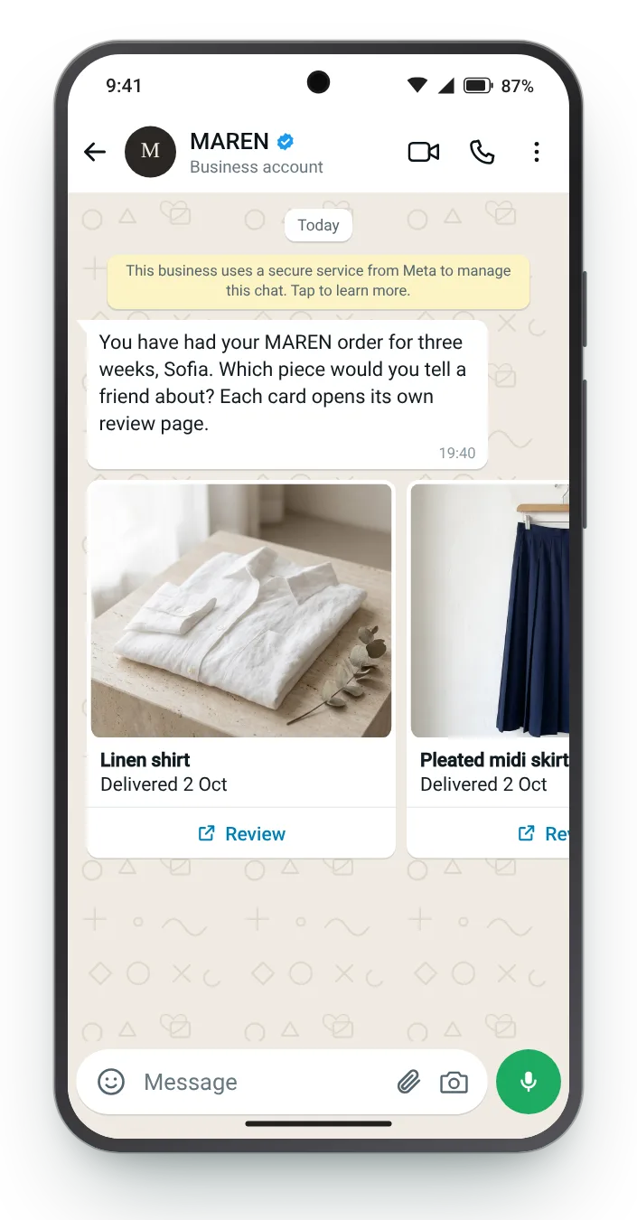 One card for each item in the order: WhatsApp review request on an Android phone
