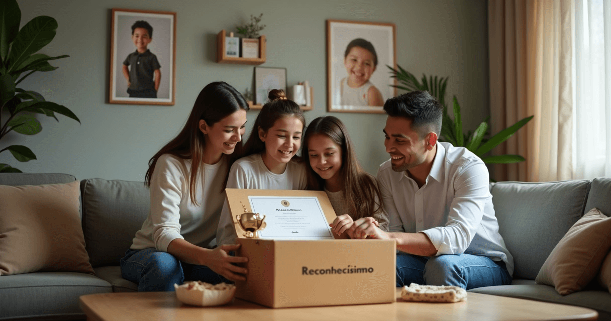 Família em casa recebendo kit de homenagem ao colaborador
