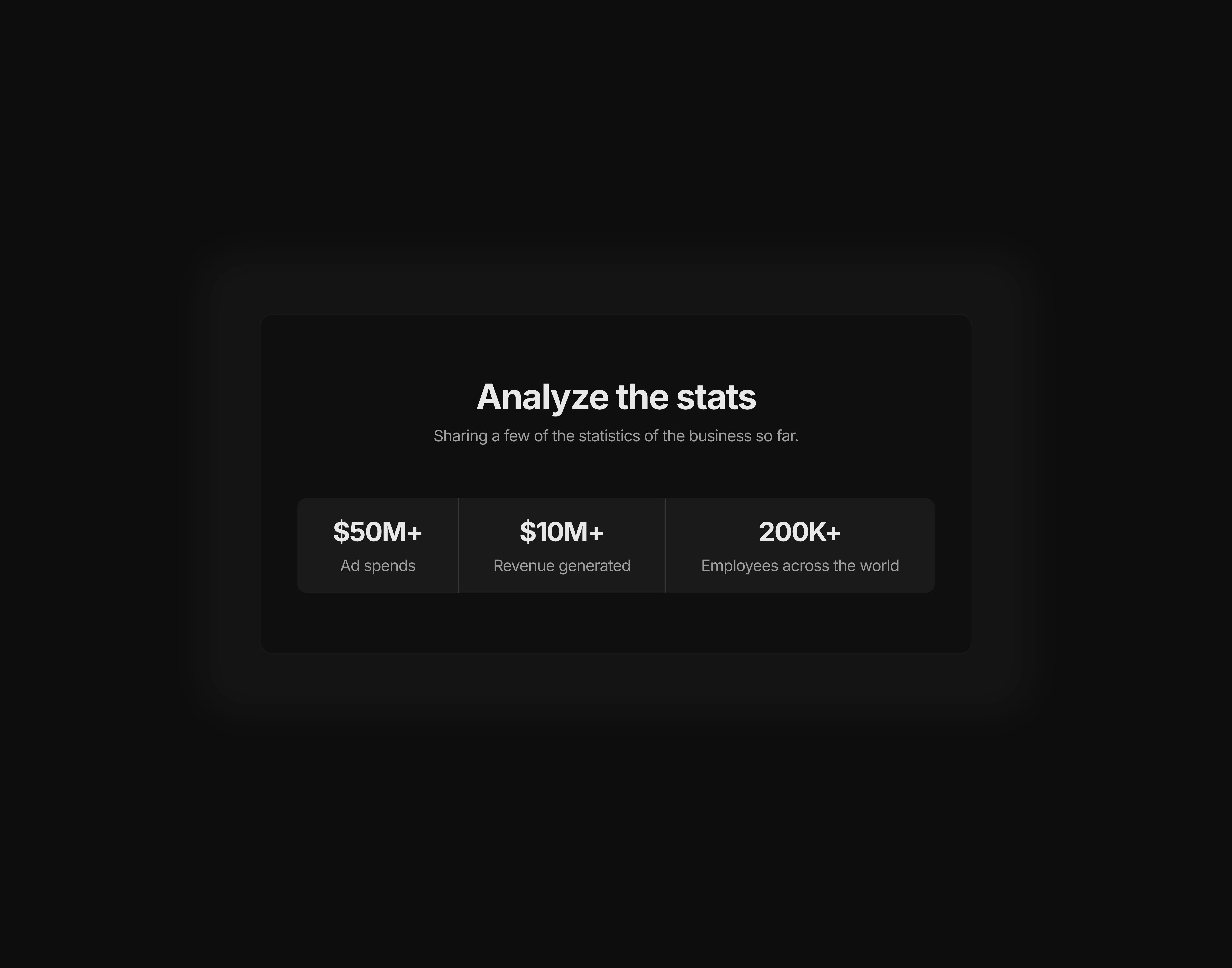 A dark themed stats section with heading and supportive paragraph, optimized for tablet screens