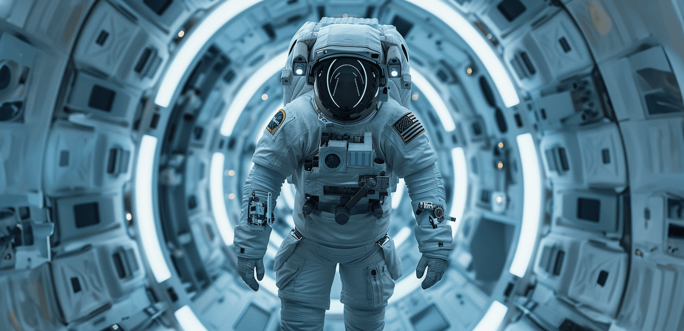 Astronaut inside spacecraft illuminated by blue light