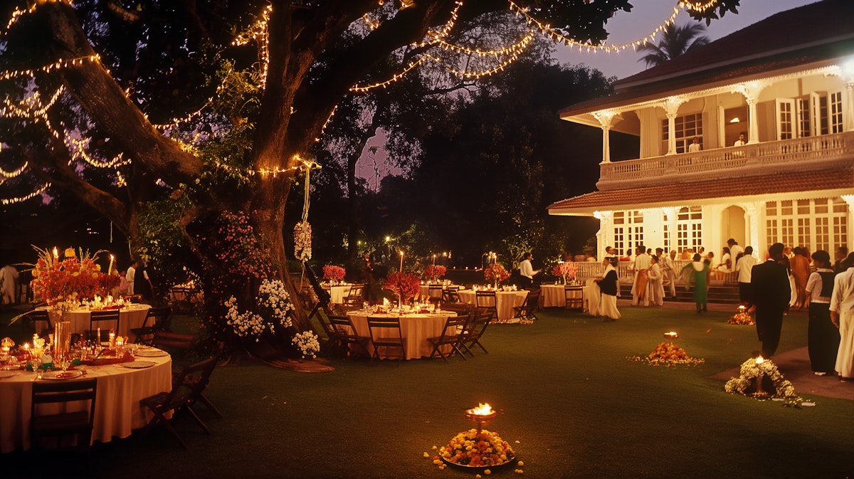 Elegant outdoor wedding reception with fairy lights, floral decor, and guests in formal attire at a colonial-style house.