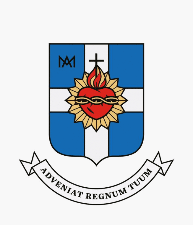 Ukończony herb Dehonianów łączy niebieską tarczę, biały krzyż, płonące serce i wstęgę „ADVENIAT REGNUM TUUM”.