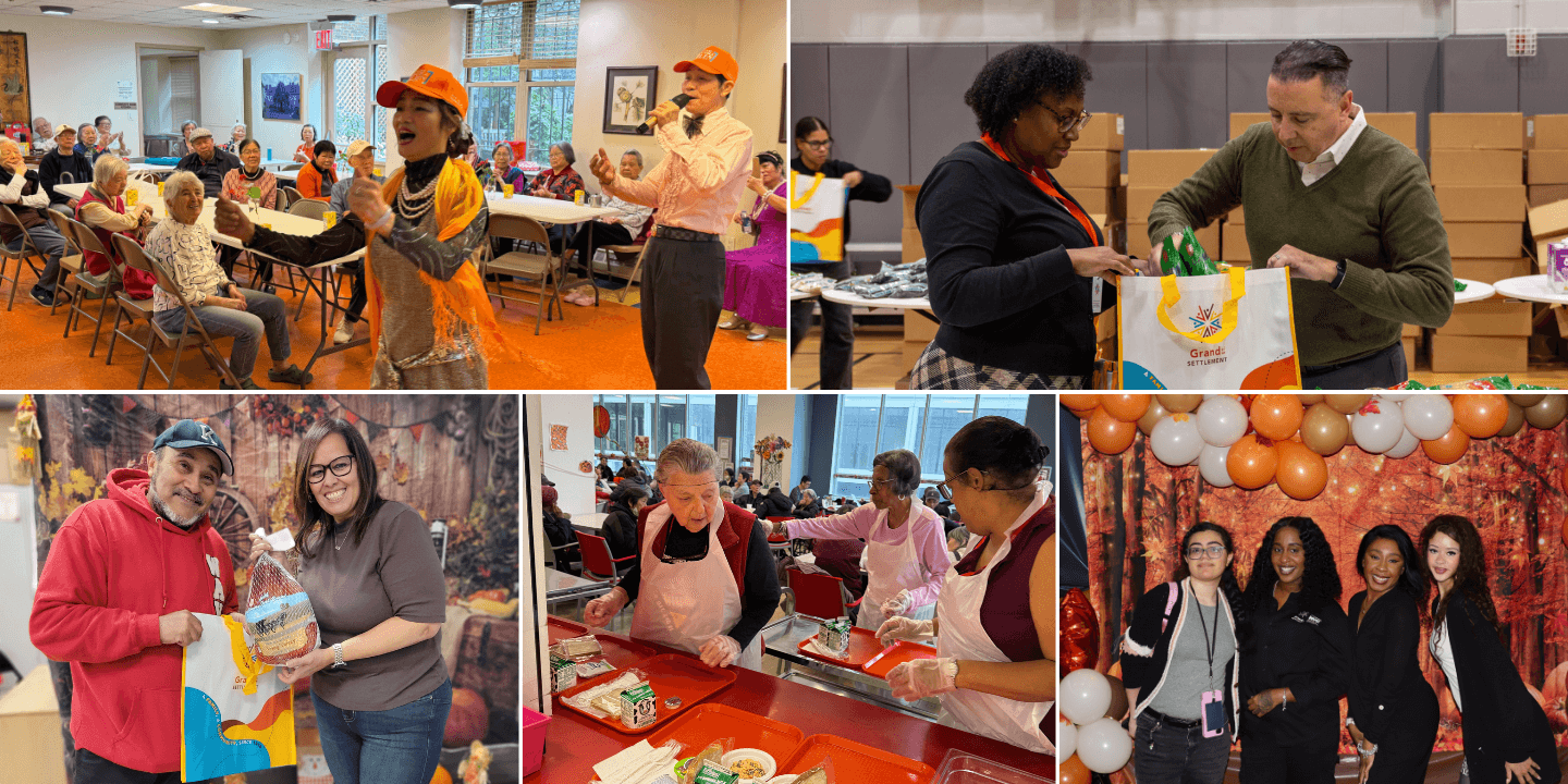 Collage of Thanksgiving events around different Grand street sites.