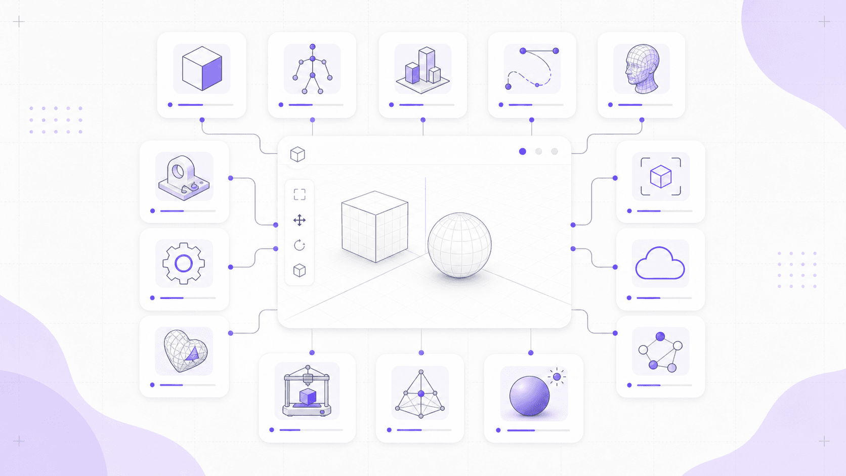 Illustration of a 3D software comparison grid with a central wireframe viewport surrounded by tool category icons