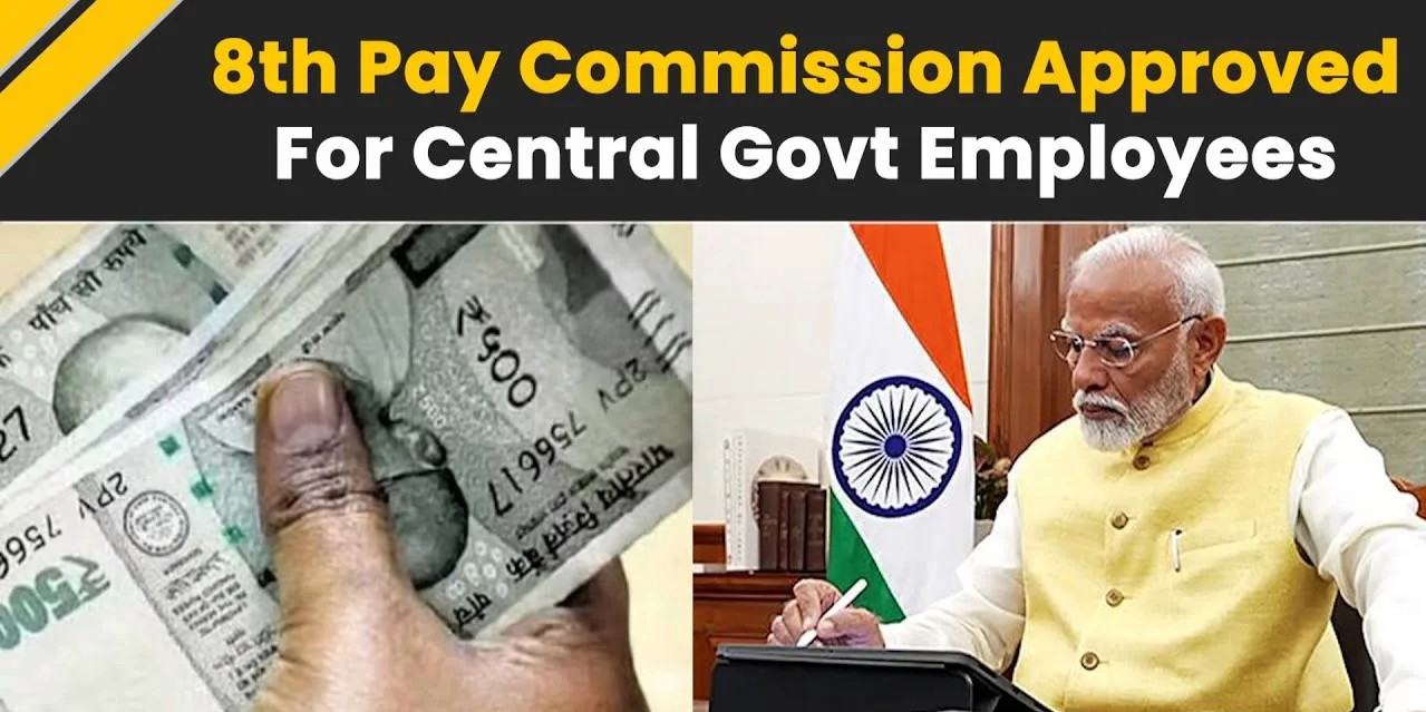 Image showing Indian currency and Prime Minister Narendra Modi with text "8th Pay Commission Approved for Central Govt Employees."