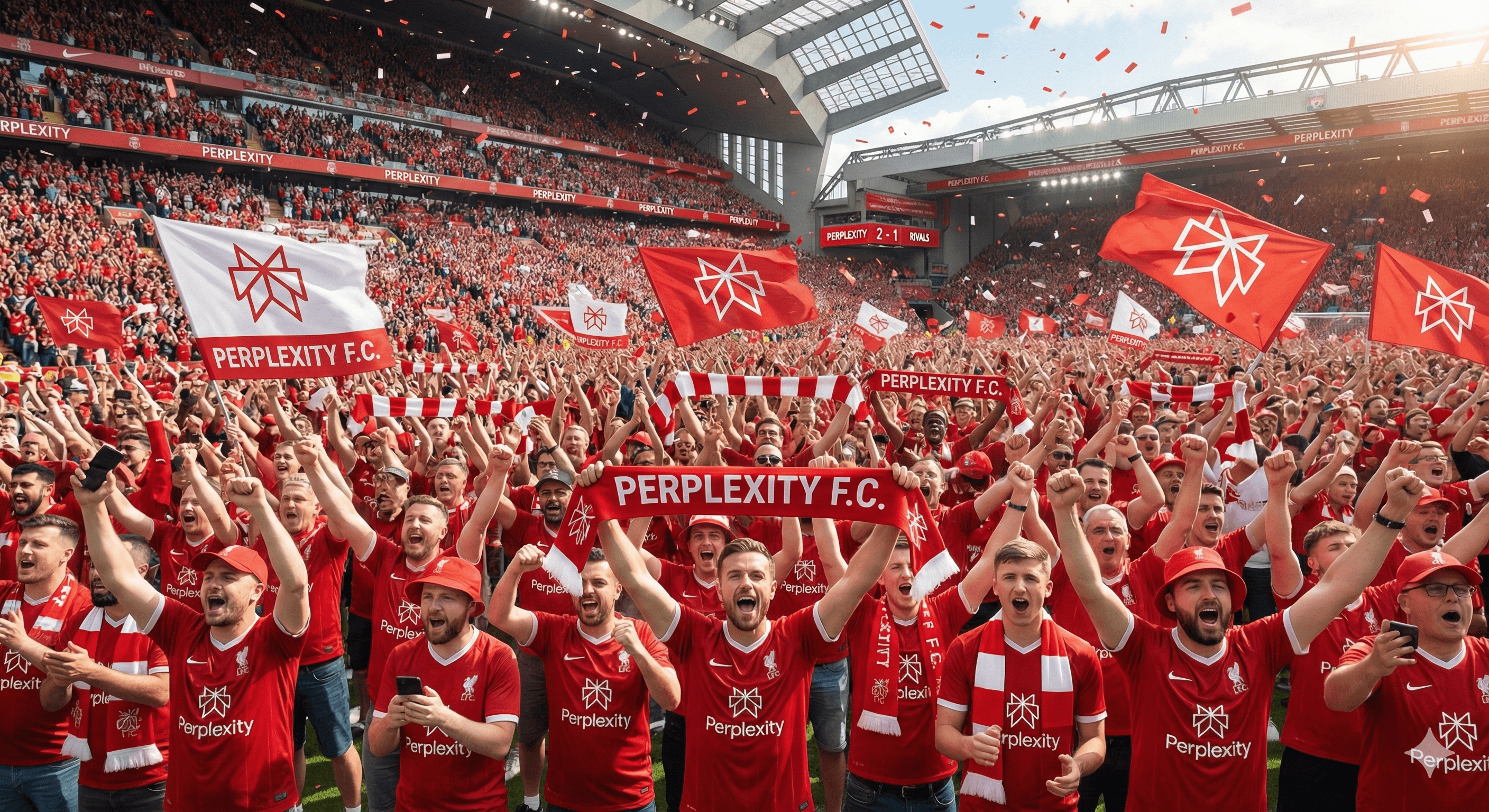 A jubilant crowd of Perplexity F.C. supporters wearing red jerseys and hats wave flags and scarves while celebrating in a packed stadium.