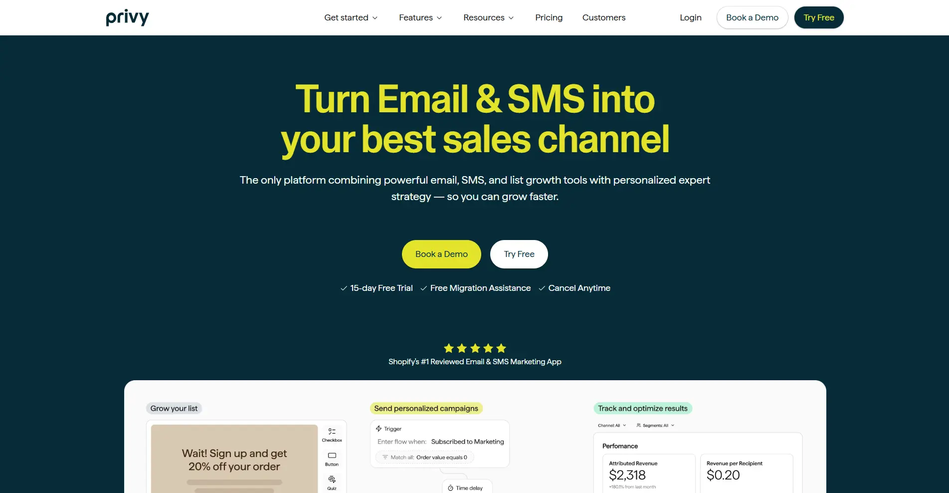 Privy homepage hero section featuring a bold yellow headline “Turn Email & SMS into your best sales channel” on a dark teal background.