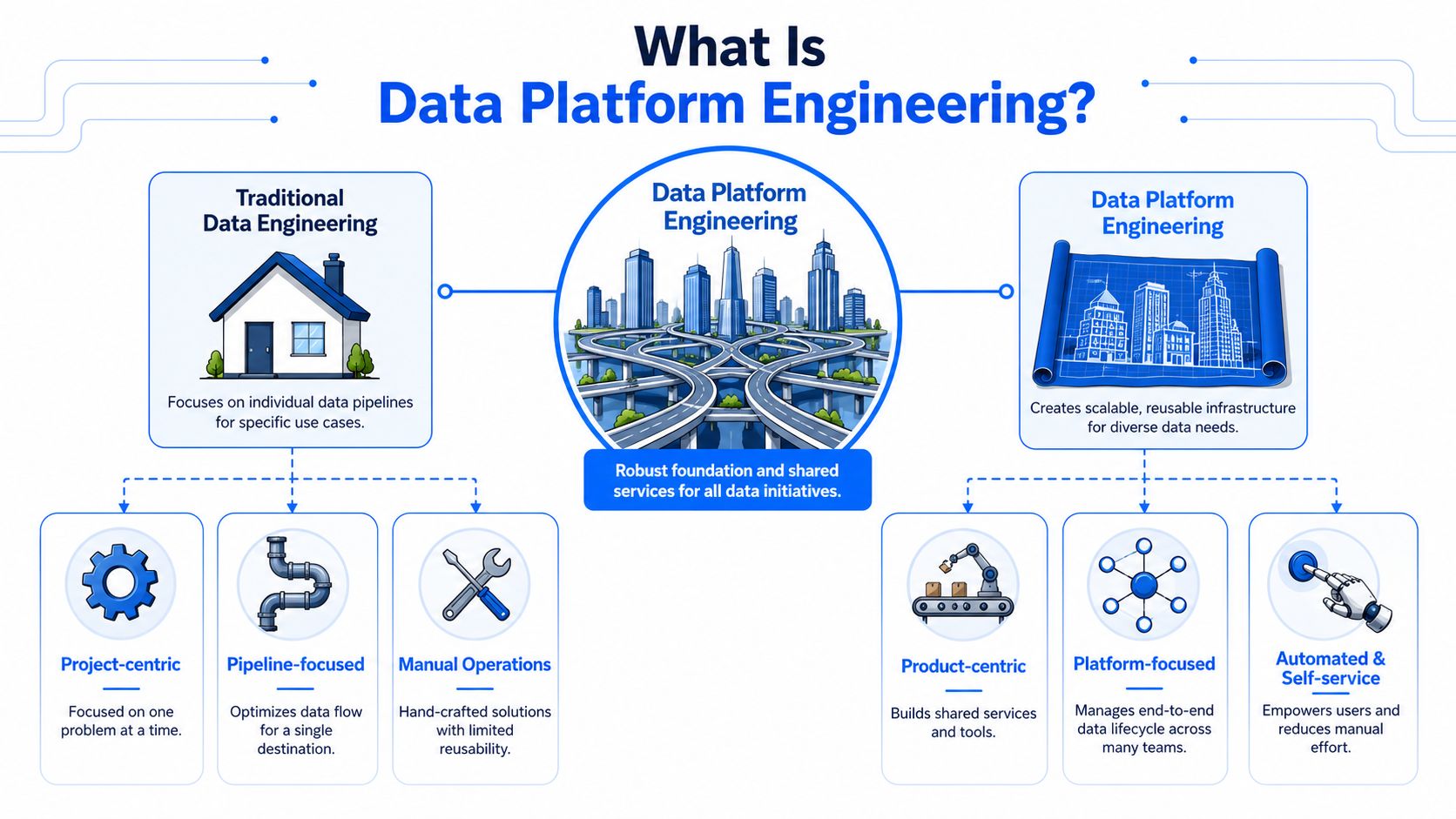 A diagram comparing traditional data engineering with modern data platform engineering, highlighting their key characteristics and workflows.