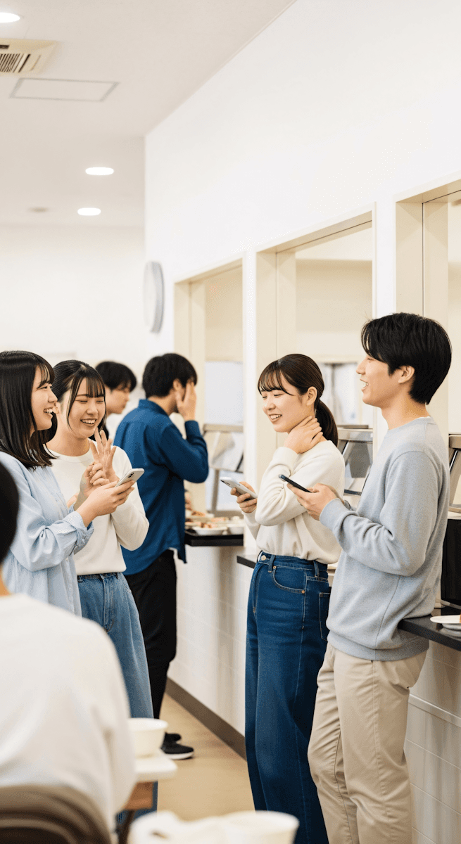 Smiling team members chatting and looking at phones
