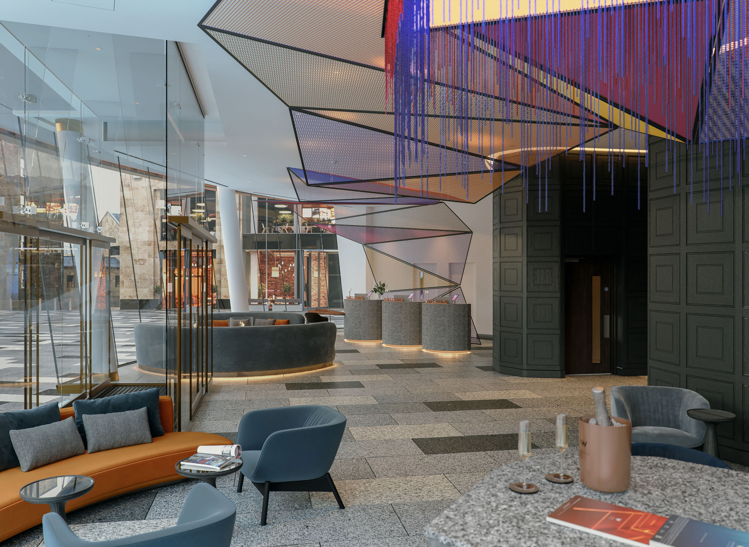 Architectural CGI: Modern reception area photorealistic render.