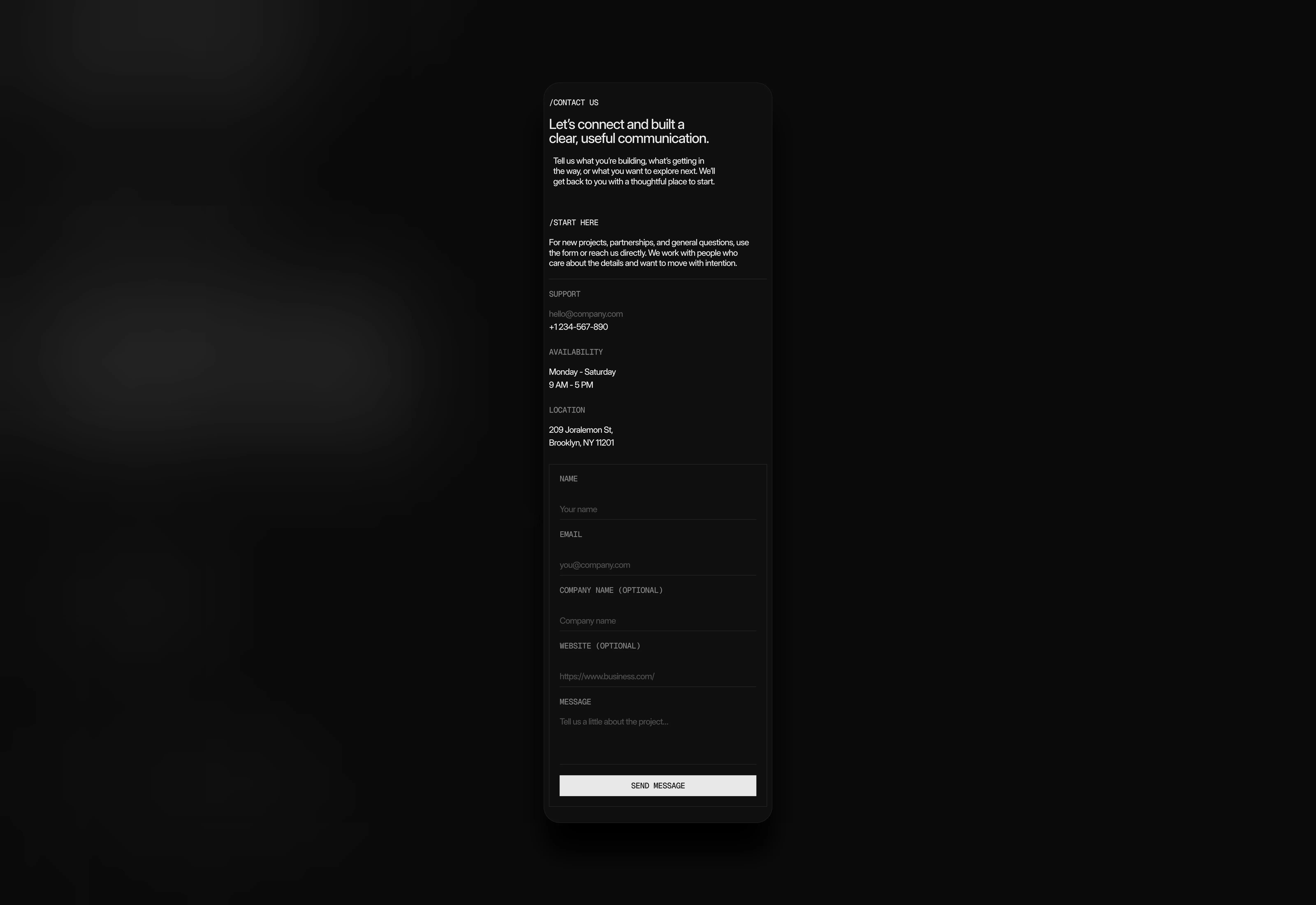 A dark themed, minimal and bold style contact us page section with form features. The layout optimized for mobile devices.