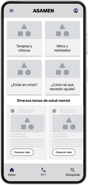 Prototipo de baja fidelidad (wireframes) en blanco y negro para pruebas de usabilidad; permite evaluar la estructura y el flujo de navegación con usuarios para obtener hallazgos estratégicos antes de la fase de diseño visual de alta fidelidad.