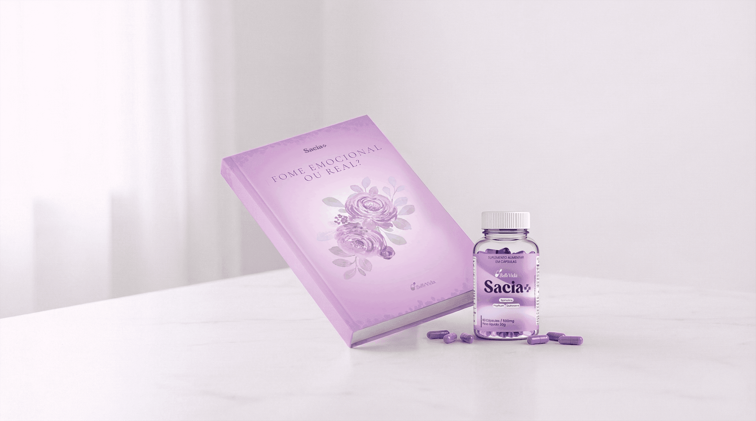 eBook do Sacia+ ao lado do frasco do suplemento e cápsulas, representando conteúdo educativo sobre controle do apetite.