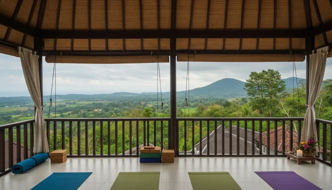 Yoga mats laid out in a peaceful Bali shala with a stunning view of lush green hills and nature.