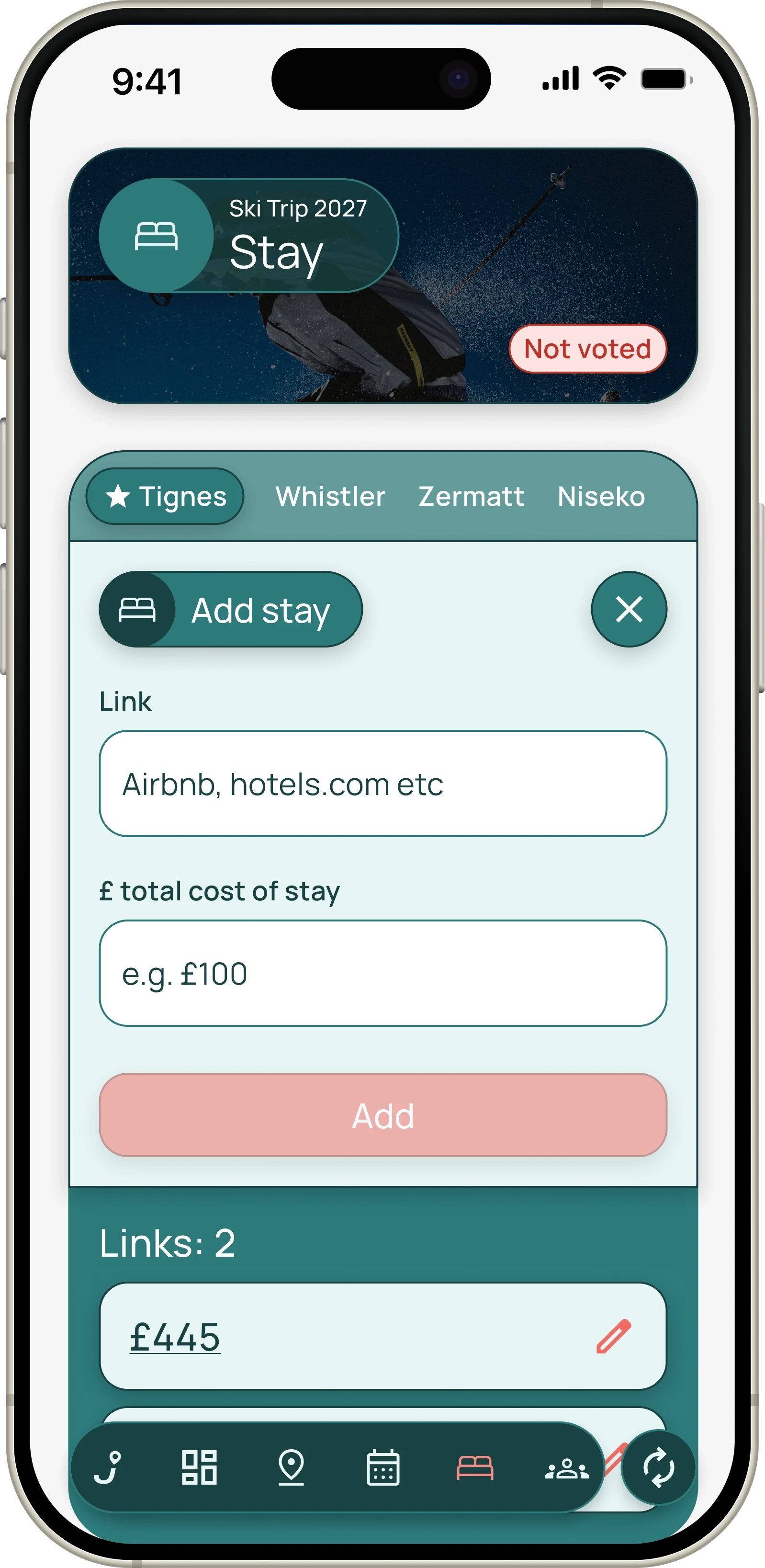 Jaunt screen for adding a place to stay to the group vote