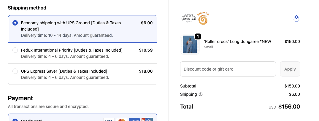 e-commerce checkout showing prices inclusive of duties