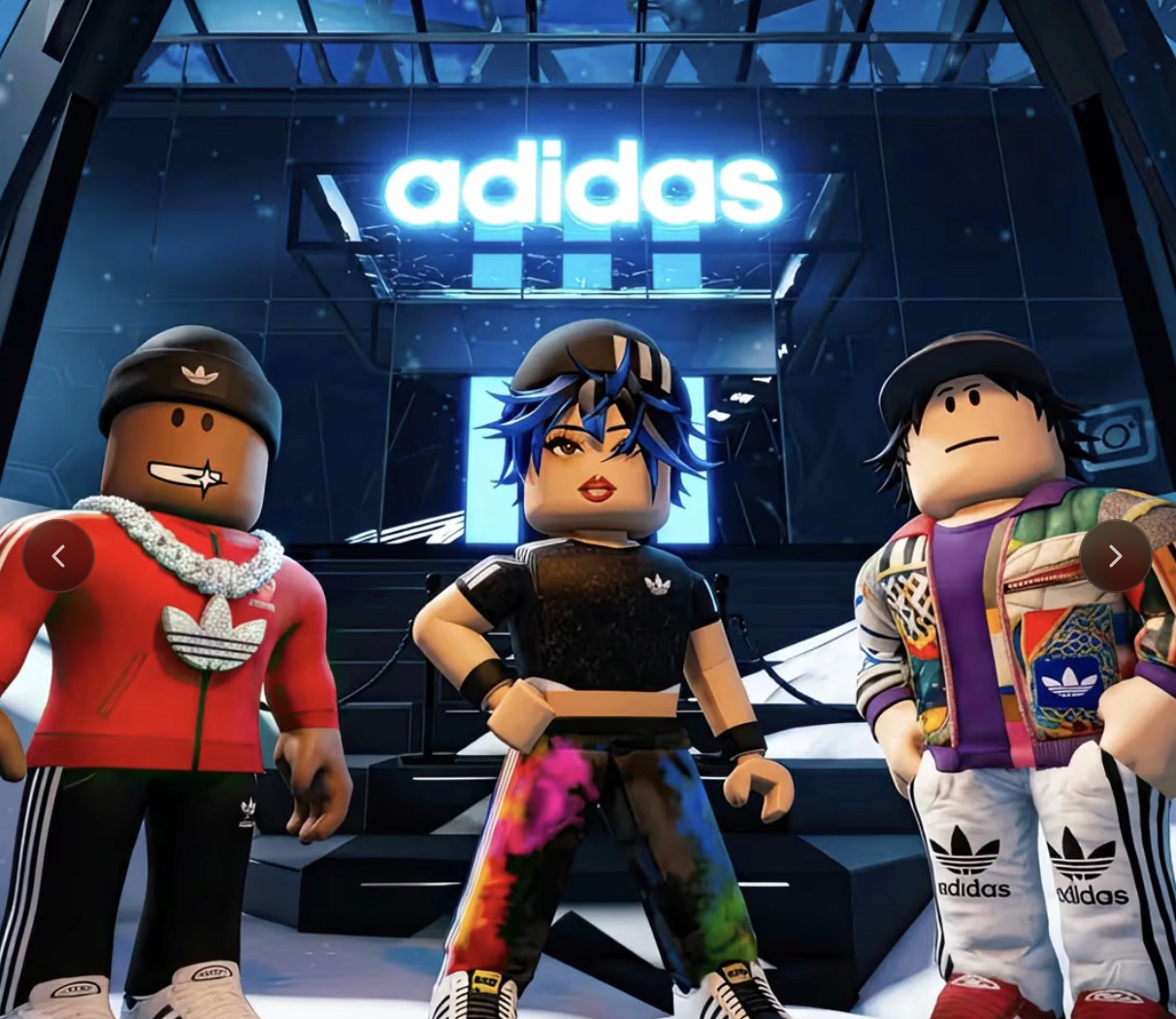Roblox characters in Adidas outfits in front of neon Adidas sign