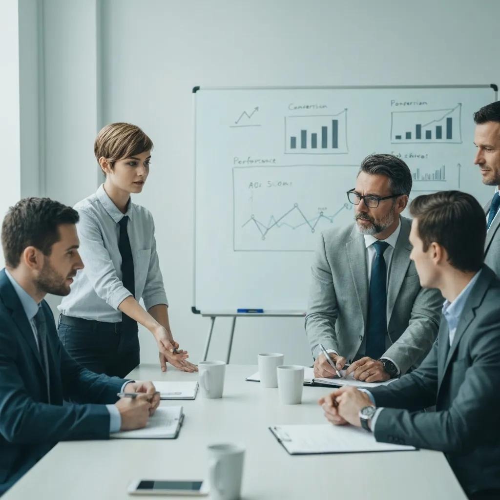 Business team discussing conversion metrics in a meeting room