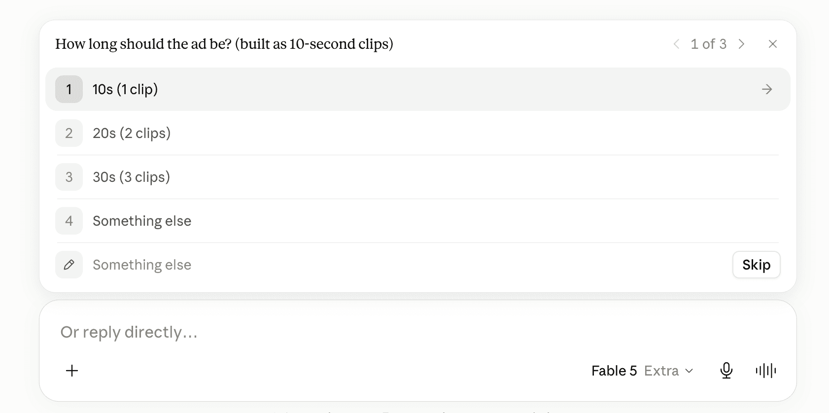 Choosing the ad length in 10-second clips in Claude