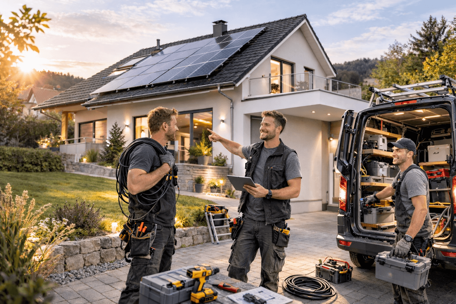 Elektriker installiert Batteriespeicher und Wechselrichter im Technikraum eines Hauses.