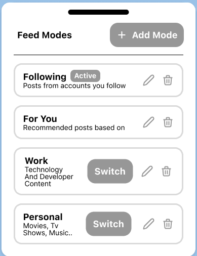 Option A: Following, For You, Work and Personal in one flat list, the custom modes entered through Switch buttons