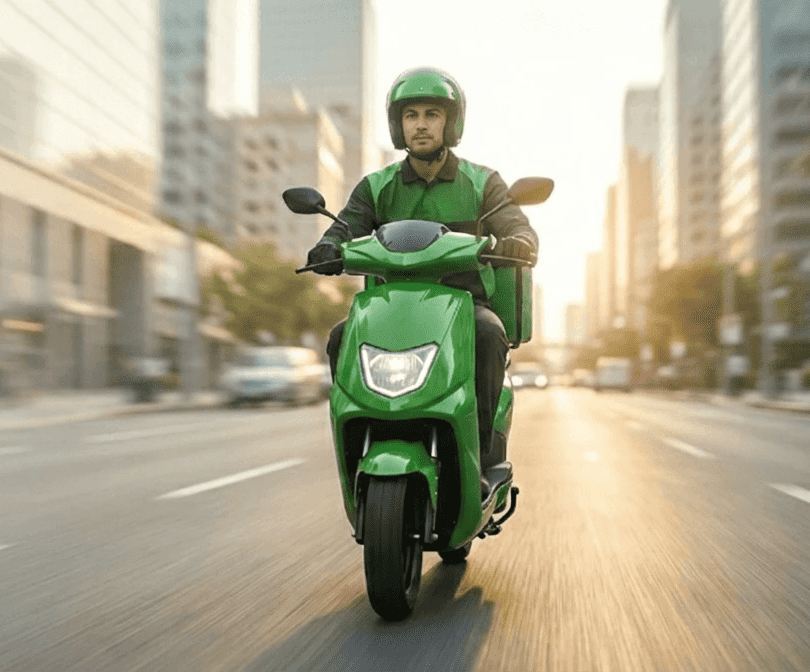 Yuvwaa electric delivery rider riding through a modern city street