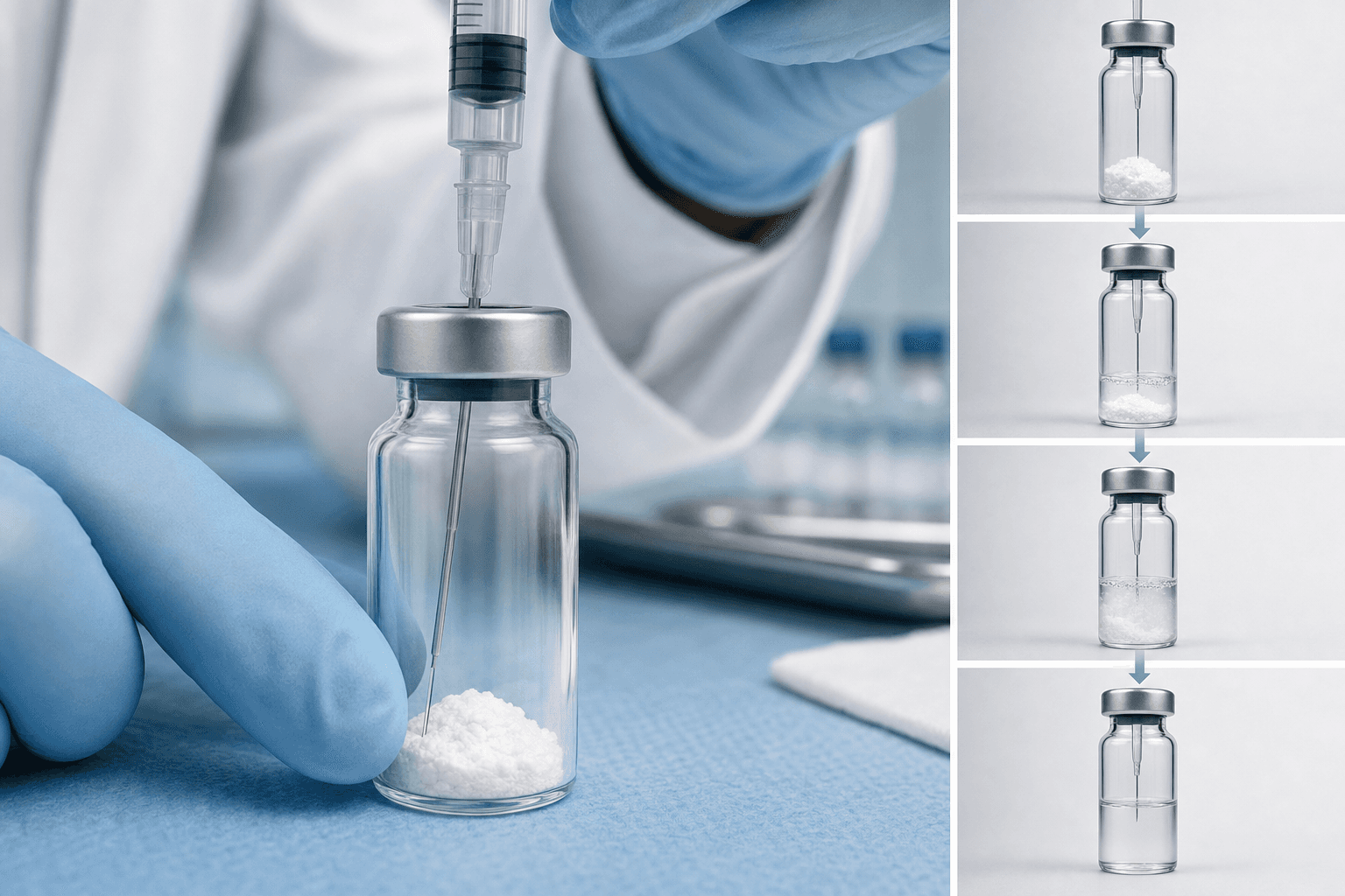 Medical illustration showing the process of reconstituting medication powder in a glass vial, with bacteriostatic water being slowly injected down the inner wall of the vial using a syringe. Show the vial containing lyophilized powder at bottom, clear liquid being added, professional healthcare setting, clean educational style, accurate medical equipment detail, no text or labels.