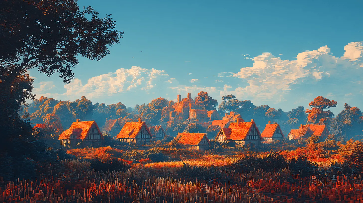 Stylized countryside village with red-roof houses and castle surrounded by autumn trees