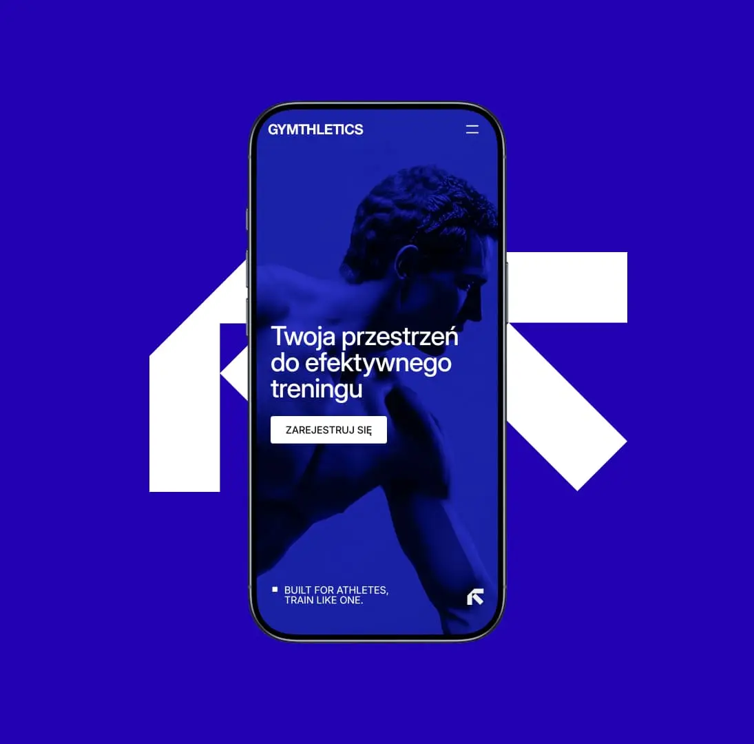 Mobile landing page design for Gymthletics on a vibrant blue background, featuring a blue-toned statue of an athlete and a prominent "Register" button in Polish.