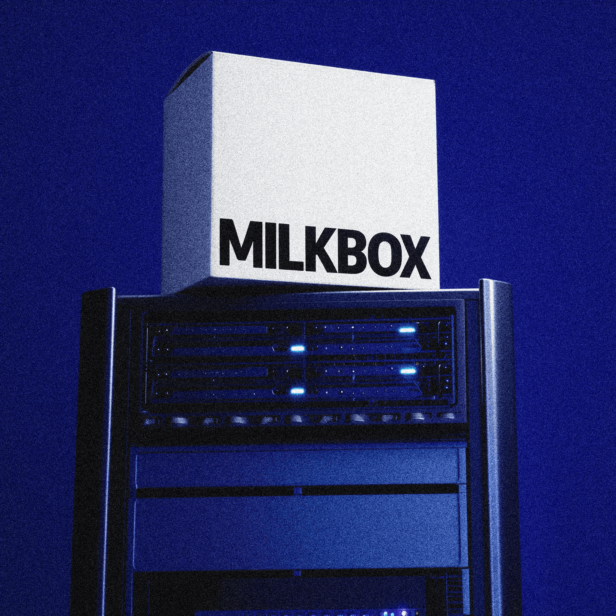 MilkBox by MilkStraw AI sitting on top of a server rack with blinking activity LEDs