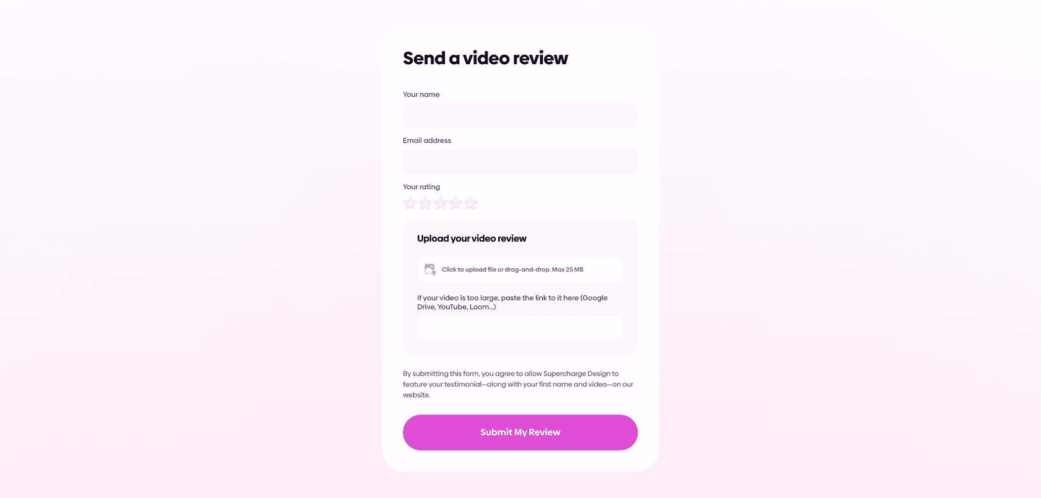 A “Send a video review” form with fields for name, email, a star rating selector, and an upload section for submitting a video (with drag-and-drop or link option), plus a consent note and a “Submit My Review” button.