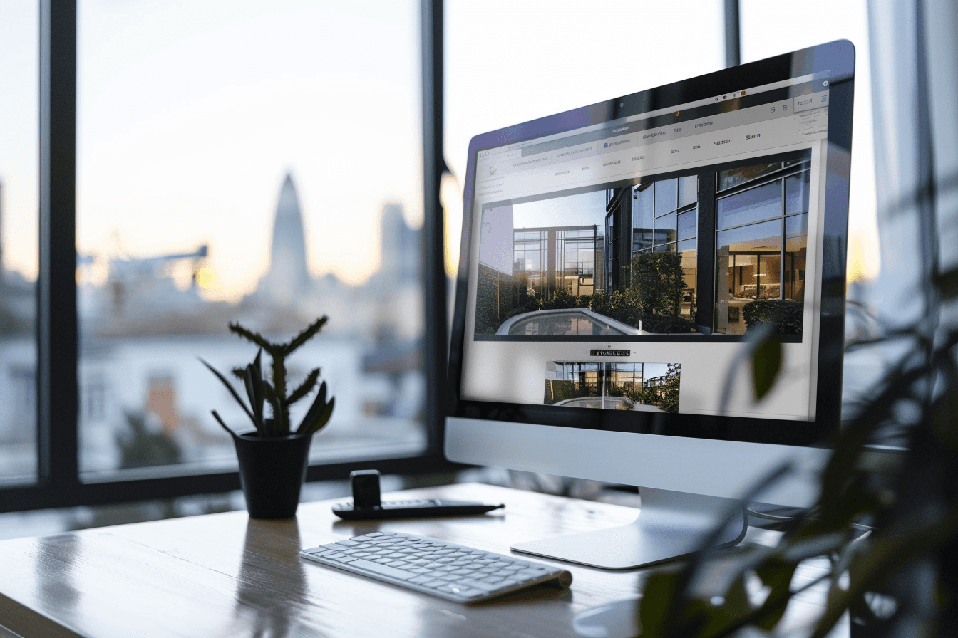 Home page of a luxury real estate website shown on a large desktop screen in a modern office