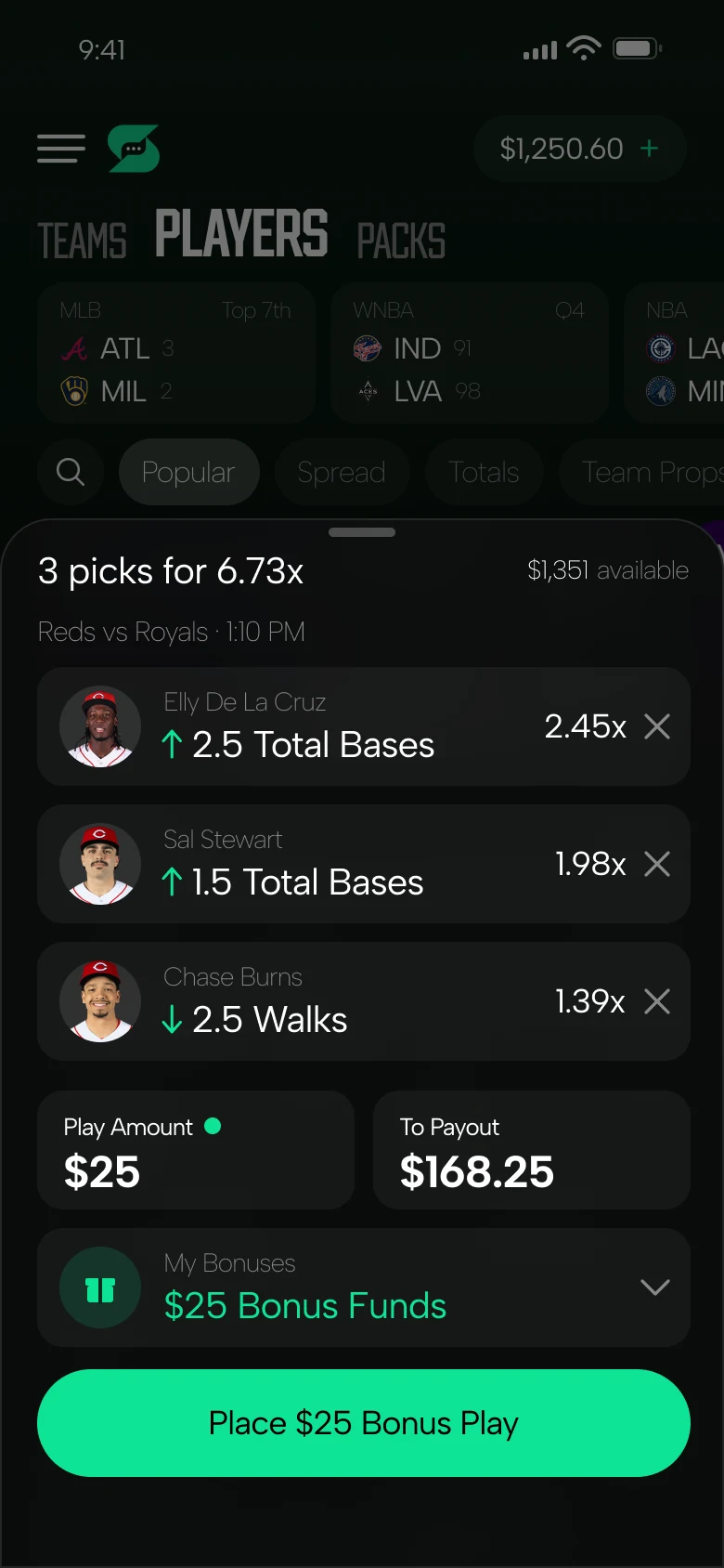 SmackTok app bet slip with three player picks and a payout multiplier