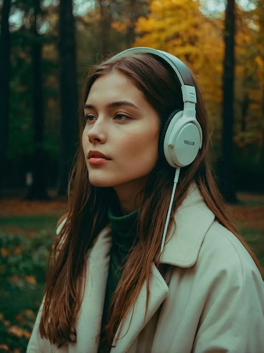Young woman in a beige coat and large white headphones stands in a serene forest with autumn colors, looking thoughtful and peaceful.
