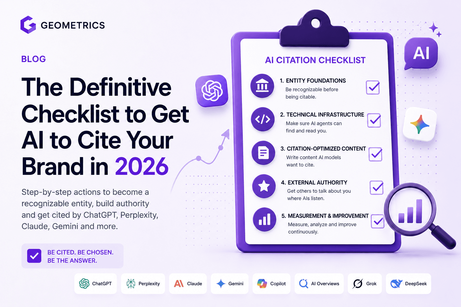 La lista de verificación definitiva para lograr que la IA cite tu marca en 2026 por GEOMETRICS, que incluye una lista de verificación de citas de IA para mejorar la visibilidad de la marca en ChatGPT, Perplexity, Gemini, Claude, Copilot y AI Overviews. Diseño de panel moderno en color morado que destaca la estrategia GEO, la optimización de SEO para IA, el SEO de entidades, los datos estructurados, la visibilidad en las búsquedas de IA, la implementación de llms.txt, la infraestructura técnica lista para la IA, la optimización de contenido para IA, el monitoreo del Share of Voice y la autoridad de marca en la IA. Palabras clave de SEO: optimización de citas de IA, estrategia GEO, optimización de motores generativos, lista de verificación de SEO para IA, visibilidad de marca en la IA, SEO para ChatGPT, SEO para Perplexity, SEO de entidades, optimización de búsqueda de IA, datos estructurados para IA, llms.txt, descubribilidad de la IA, factores de clasificación de la IA, estrategia de citas de IA, marketing de búsqueda de IA.