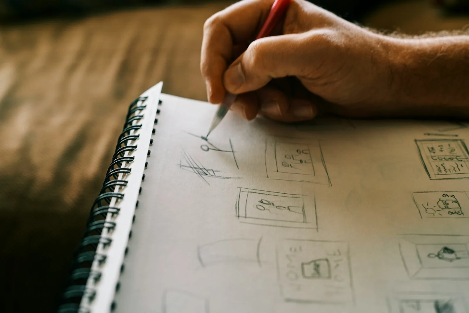 Close-up of a hand sketching rows of small interface and storyboard frames in pencil on a spiral sketchbook