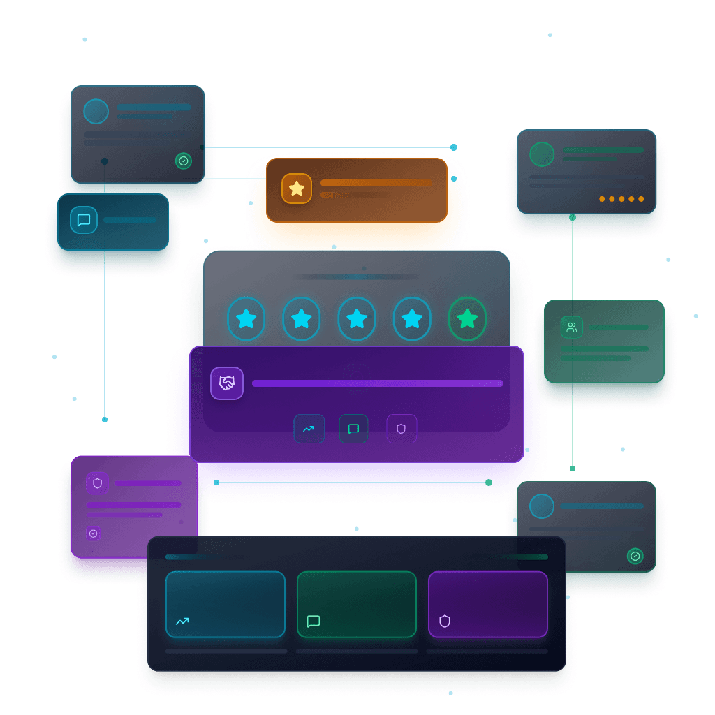 Digitales Dashboard mit fünf Sternen und vernetzten Bewertungselementen – Symbol für exzellente Kundenzufriedenheit, starke Kommunikation und vertrauensvolle Partnerschaften der E-Commerce-Agentur Inconis GmbH.