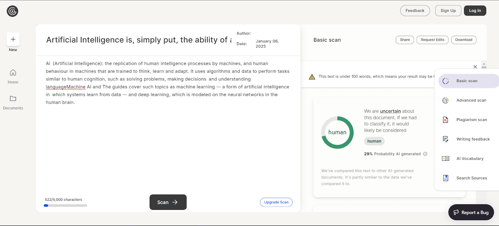 Screenshot of GPT Zero's interface analyzing short text with 29% AI probability, basic scan results, and options for advanced scans and feedback.