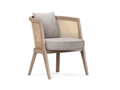 Wooden armchair with rattan backrest and upholstered seat cushion