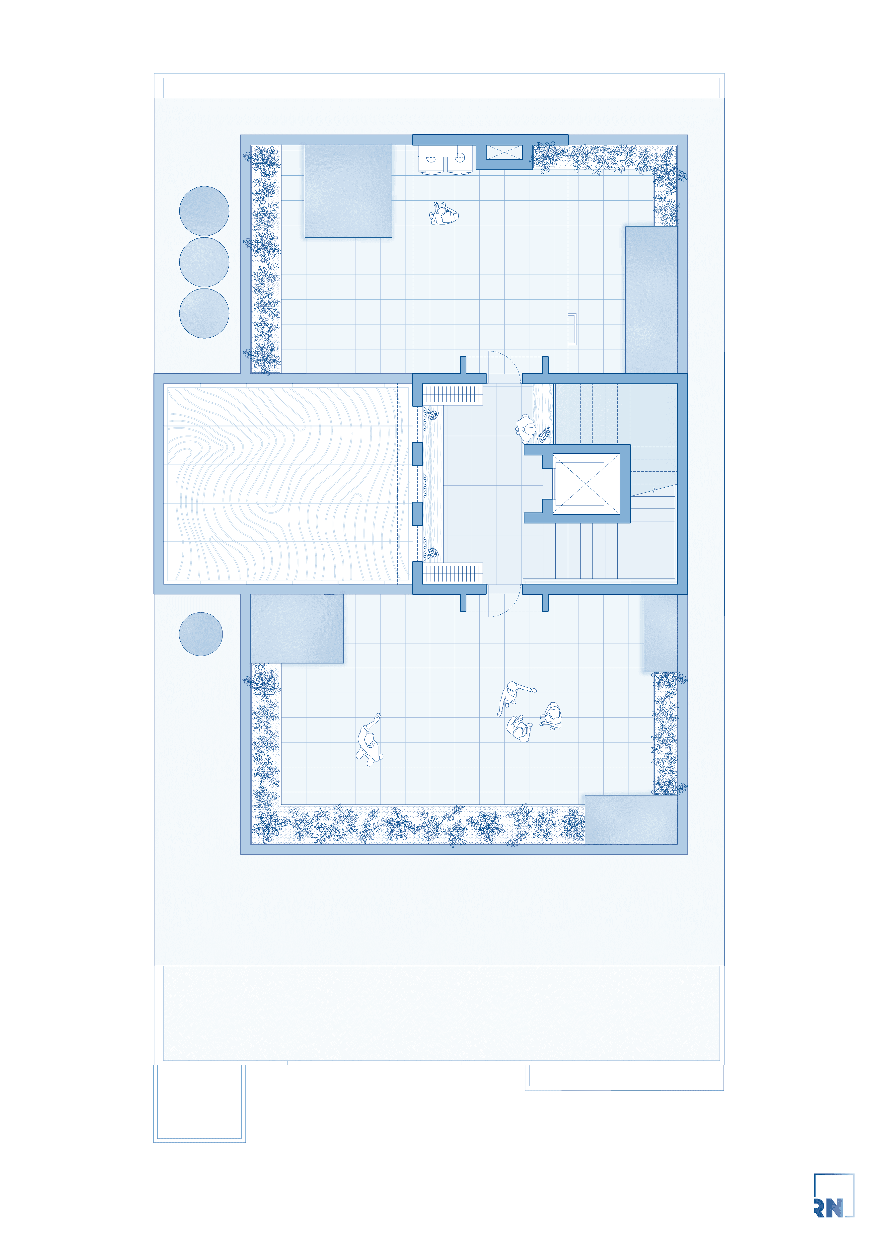 Nadumuttram, Karur – third floor plan with transitional spaces around a central courtyard, designed by Rooted Narratives, Bengaluru.