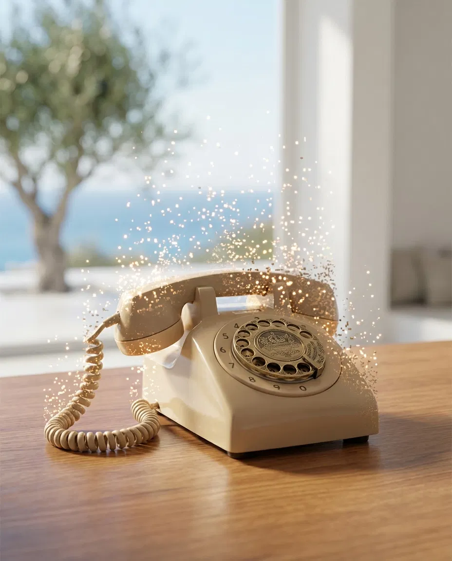 Traditional landline telephone fading to represent the decline of fixed-line telephony in Greece.